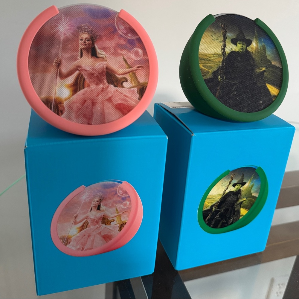 Wicked Themed Amazon Echo Pop devices - one Glinda/pink and one Elphaba/green